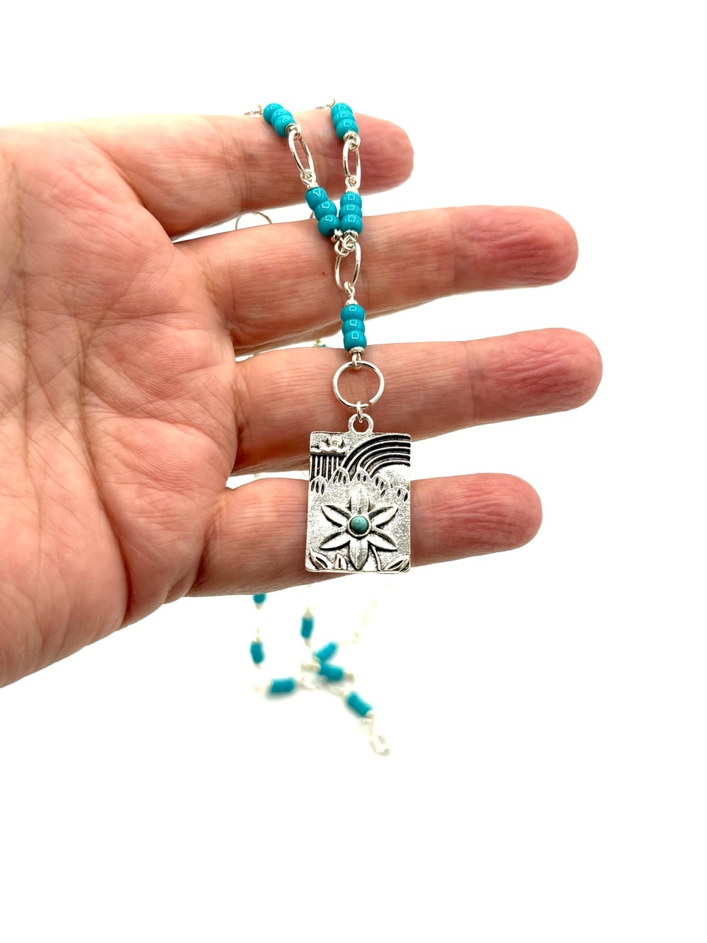 Hand Crafted Turquoise Blue Linked Beaded Pendant Lariat Necklace - Picture 8 of 8